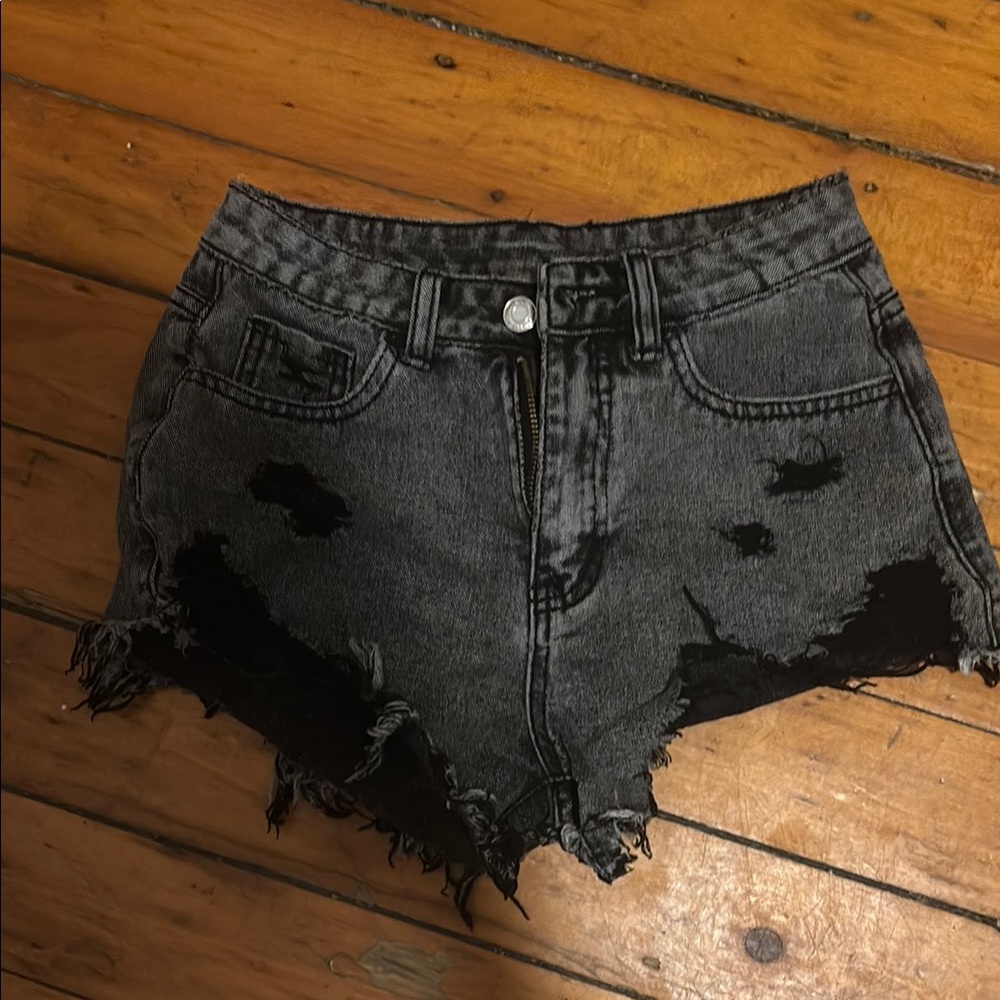 SHEIN Black Jean Shorts Distressed Frayed Hem